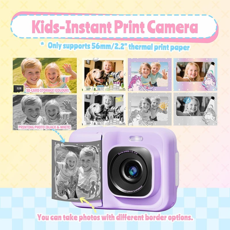 TYPONOS Instant Print Camera for Kids, Christmas Birthday Gifts for Girls Boys Age 3-12, Kids Cameras, Portable Toy Camera for 3 4 5 6 7 8 9 10 Year Old Girl with 32GB SD Card, Purple - Image 3
